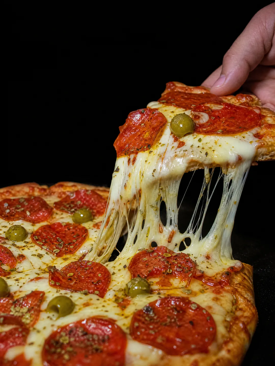 Porción de pizza de pepperoni con aceitunas y muzzarella derretida que se estira al levantarla